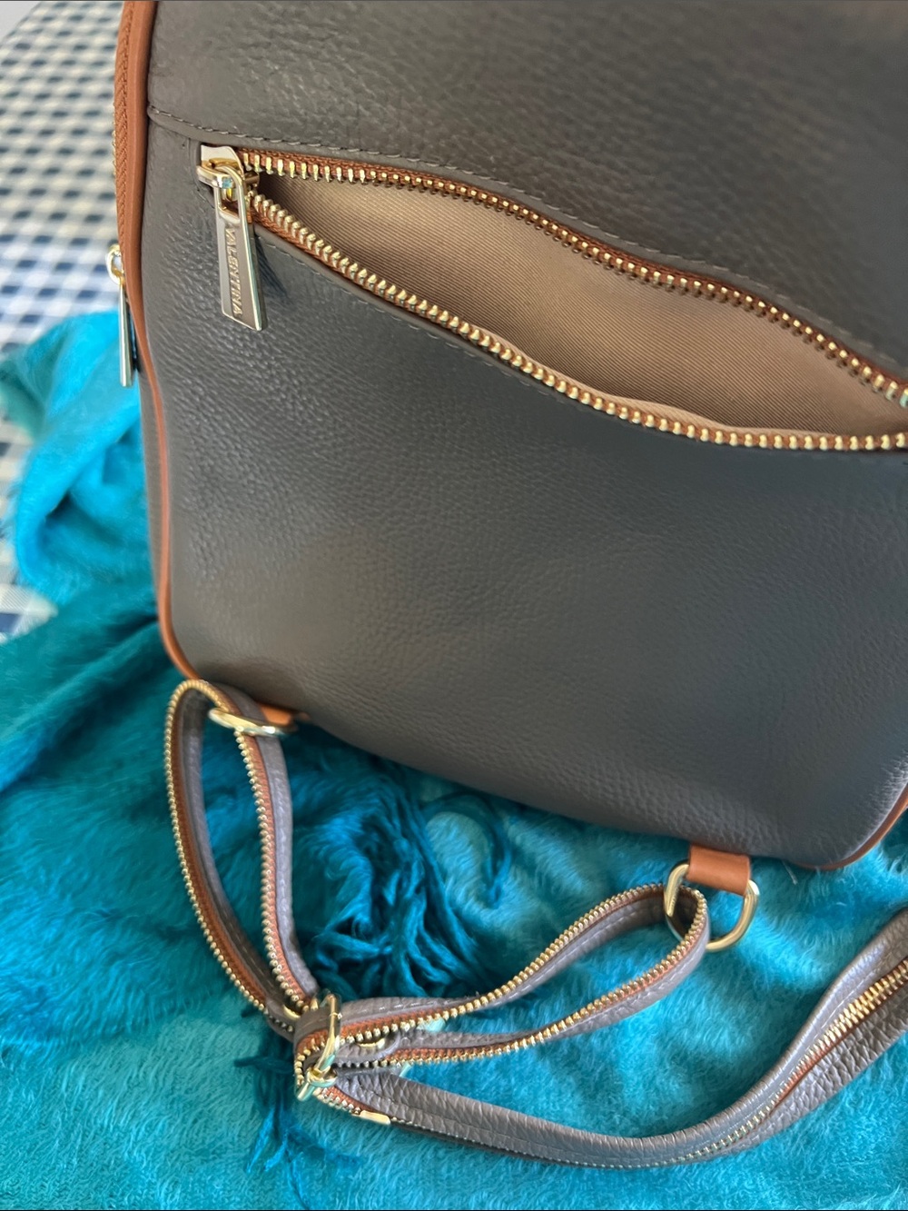 Valentina Taupe Leather Women’s Backpack with Tan Trim NWT - Picture 5 of 11